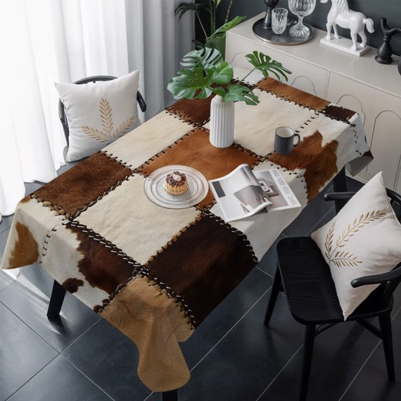 Abstract Cowhides Table Cloth Waterproof Tablecloths, Brown Beige Animal Fur Texture Tablecloth Dining Table Cover for Kitchen Party Tabletop Outdoor, Rectangle Tablecloth 54x108 Inch