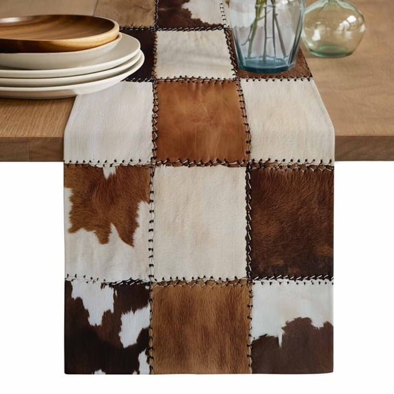 Abstract Cowhides Table Runner, Brown Beige Animal Fur Texture Washable Cotton Linen Table Runners 36 Inches Long, Dresser Scarf Runner for Nightstand/End Tables/Round Tables 13''x36''