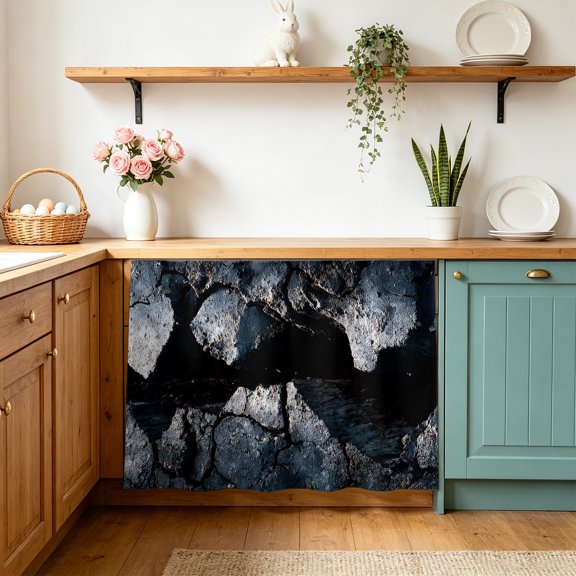 Abstract Crack Cabinet Curtains 10" W x 11" L, Black Gray Cracked Earth Texture Earthly Fissure Under-Desk Privacy Dust Proof Drape Dishwasher Curtain Sink Skirt for Kitchen Closet Bathroom Laundry