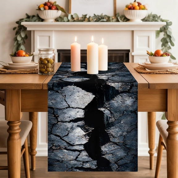 Abstract Crack Dining Table Runner, Black Gray Cracked Earth Texture Earthly Fissure Washable Table Runners Kitchen Coffee Table Center Decor for Home Party Holiday Wedding 13 x 36 Inches