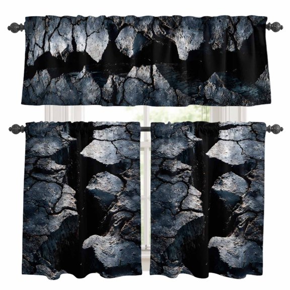 Abstract Crack Kitchen Curtains Valances 3 Piece Set, Black Gray Cracked Earth Texture Earthly Fissure Rod Pocket Tier Curtain and Valance Drapes for Small Window 36 Inch Length for Bedroom Cafe