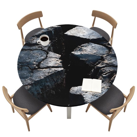 Abstract Crack Round Fitted Table Cover Black Gray Cracked Earth Texture Earthly Fissure Waterproof Table Cloth with Elastic Edge Wipeable Tablecloth for Picnic Camping Party Fits 36"-44" Tables