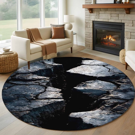 Abstract Crack Round Rug 6Ft Black Gray Cracked Earth Texture Earthly Fissure Circle Area Rugs Washable Non Slip Indoor Floor Mats Carpet for Living Room Bedroom Dining Room Home Decor