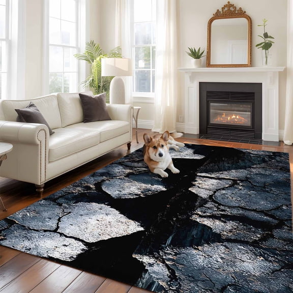 Abstract Crack Washable Area Rug 9x12 Black Gray Cracked Earth Texture Earthly Fissure Low-Profile Large Area Rugs Non Slip Backing Indoor Floor Carpet for Entrance Living Room Bedroom Home Office