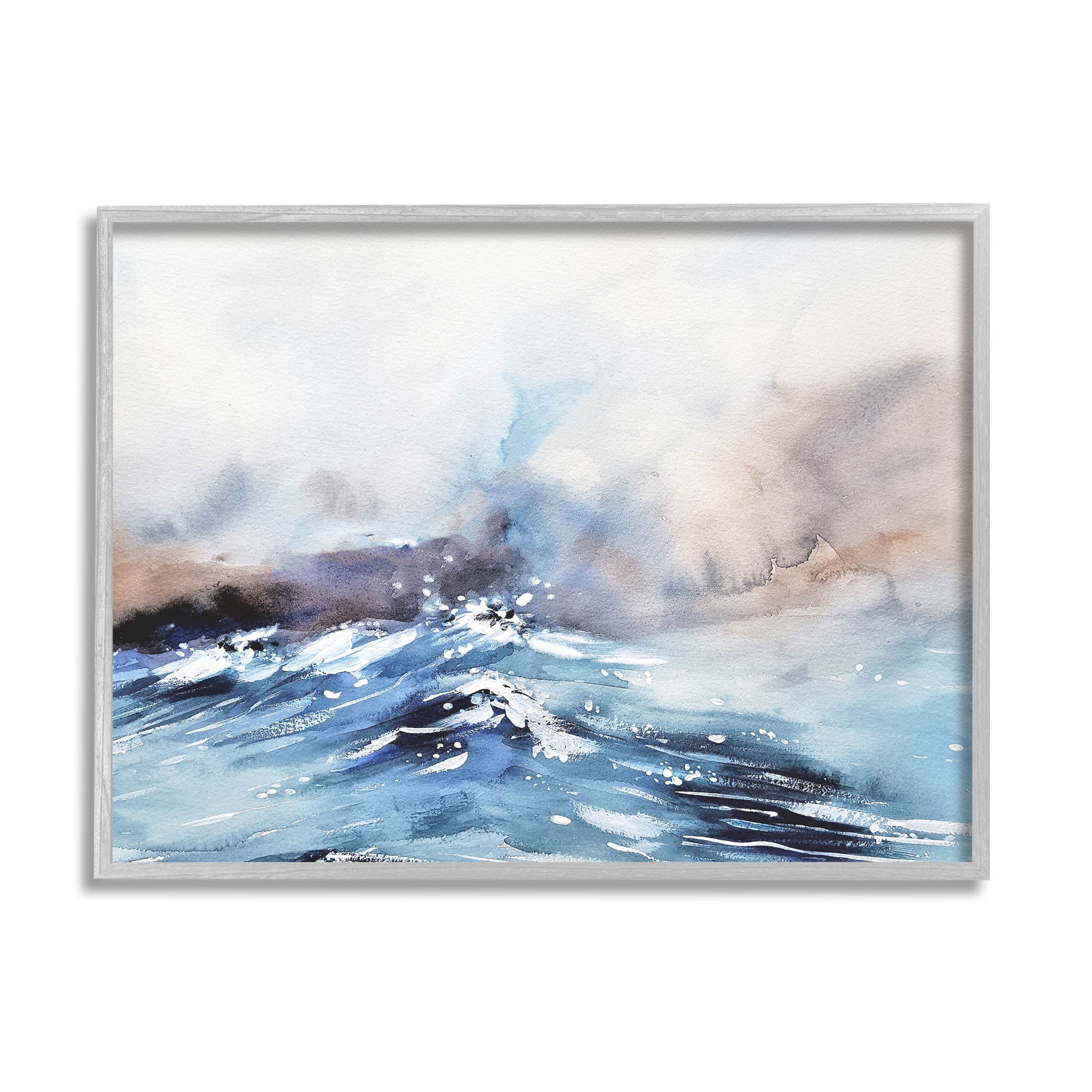 Abstract Crashing Ocean Waves Coastal Painting Gray Framed Art Print Wall Art
