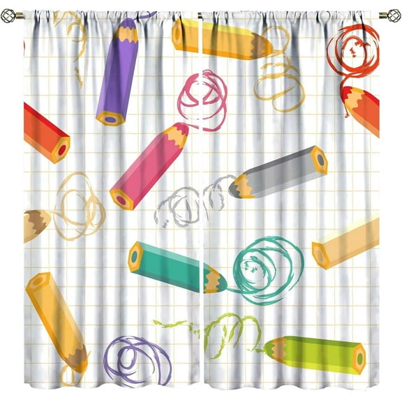 Abstract Crayons Curtains Kids Colored Pencil Writing Student Graffiti Design Curtain with Rod Pocket for Bedroom Dorm Home Decor Drapes Window Treatments 2 Panels Set 55x63in