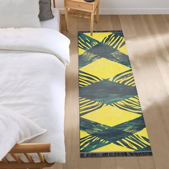 Abstract Cross Lines with Zabra Skin Bedside Runner Rug 2'x 6' Non Slip Carpet Floor Mat Area Rug