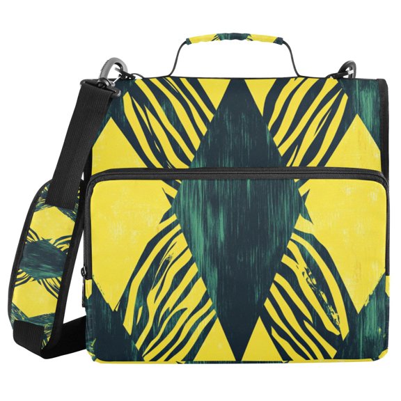Abstract Cross Lines with Zabra Skin Binder Bag with Shoulder Strap 3 Ring Zipper Binder File Folder Document Storage