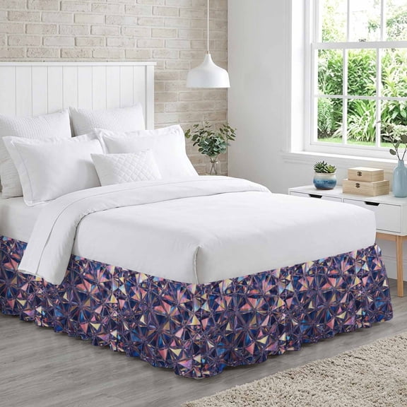 Abstract Crystalline Shards Bed Skirt Queen Size 18 Inch Drop, Modern Purple Pink Blue Mosaic Tiles Style Adjustable Elastic Dust Ruffles Bedskirt for Queen Bed Wrap Around Pleated Mattress Cover