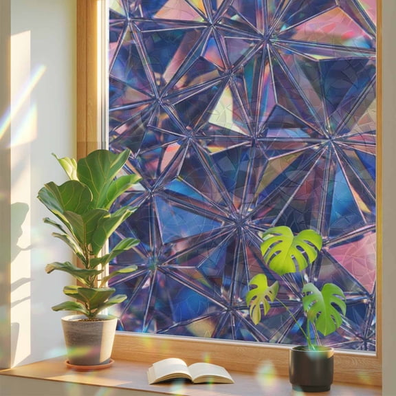 Abstract Crystalline Shards Window Privacy Film, Modern Purple Pink Blue Mosaic Tiles Style Stained Glass Rainbow Film Decorative Window Clings, Static Cling Sun Blocking Stickers 17.7" x 39.3"