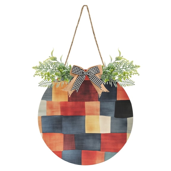 Abstract Cube Art Front Door Porch Decoration Hanging Sign with Artificial Green Plants and Bow for Home Outdoor Indoor