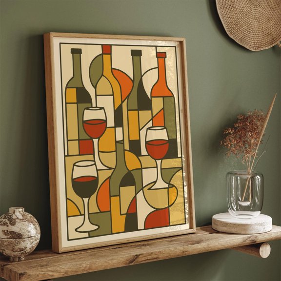 Abstract Cubism Wine Modern Kitchen Decor Poster, Unframed Canvas 24x36in