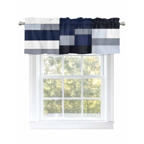 Abstract Curtain Valances for Windows, Navy Blue Patchwork Window Valances, Window Treatment Rod Pocket Valance Curtains for Living Room/Kitchen/Bedroom/Bathroom, 54x18inch