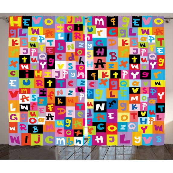 Ambesonne Cartoon Curtains 2 Panel Set, Colored Alphabet Game, 108" x 63", Multicolor