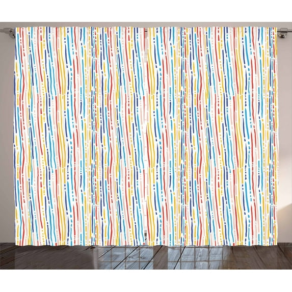Abstract Curtains 2 Panels Set, Colorful Modern Artwork with Vertical Stripes and Dashed Lines on White Background, Window Drapes for Living Room Bedroom, 108W X 63L Inches, Multicolor, by Ambesonne