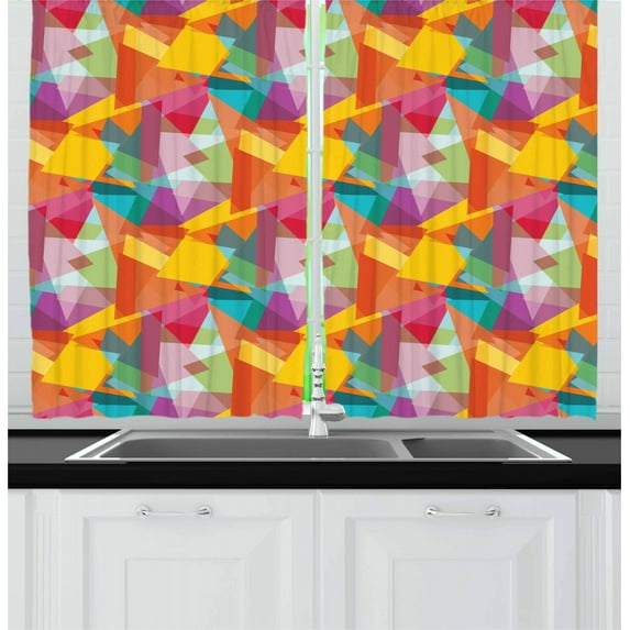 Abstract Curtains 2 Panels Set, Contemporary Design Colored Polygons Diamonds and Triangles Jumbled and Overlapped, Window Drapes for Living Room Bedroom, 55W X 39L Inches, Multicolor, by Ambesonne