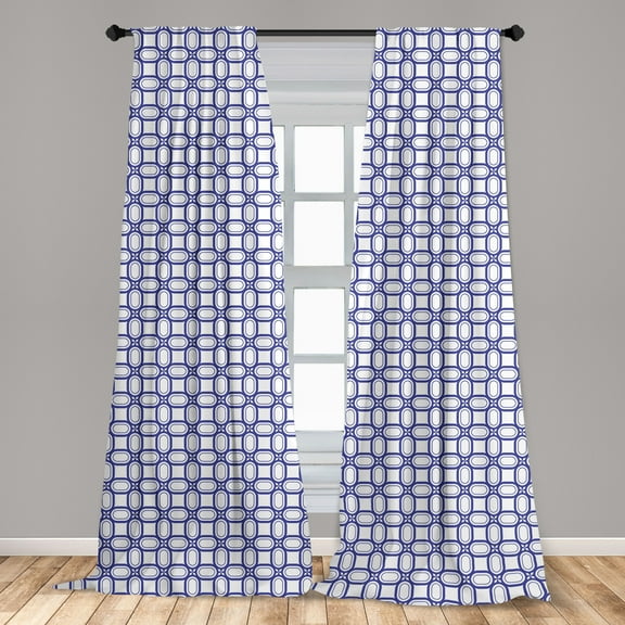 Abstract Curtains 2 Panels Set, Continuous Print of 4 Leaf Motifs Geometric Concept, Window Drapes for Living Room Bedroom, 56"W X 84"L, Indigo and White, by Ambesonne