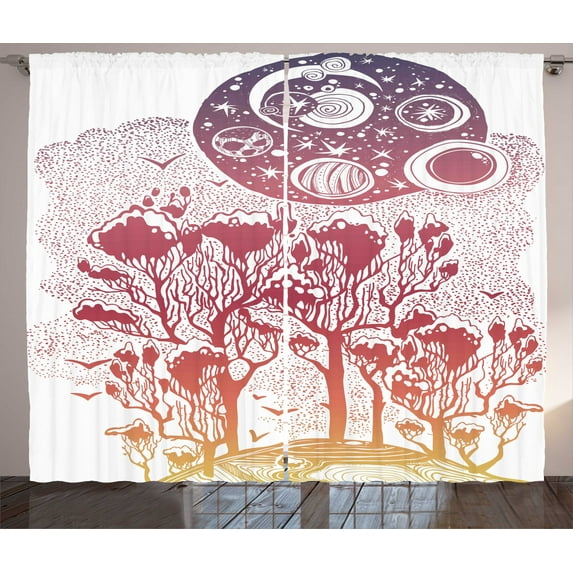 Abstract Curtains 2 Panels Set, Fantastic Landscape of Magical Forest and Dreamy Night Sky Colorful Outline Design, Window Drapes for Living Room Bedroom, 108"W X 63"L,Multicolor, by Ambesonne