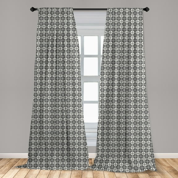 Abstract Curtains 2 Panels Set, Geometric Pattern with Retro Crossed Lines Square and Round Motif Image, Window Drapes for Living Room Bedroom, 56"W X 84"L, Grey and Off White, by Ambesonne