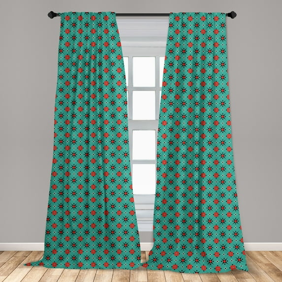 Abstract Curtains 2 Panels Set, Illustration with Geometric Shapes Repeating Old Fashioned Motifs, Window Drapes for Living Room Bedroom, 56"W X 63"L, Vermilion Turquoise, by Ambesonne