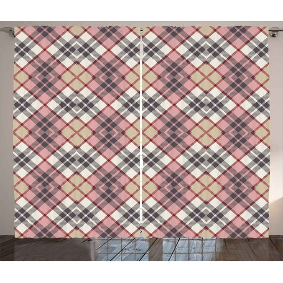 Ambesonne Vintage Curtains 2 Panel Set, Tartan Motif, 108" x 90", Pale Pink Ivory Grey