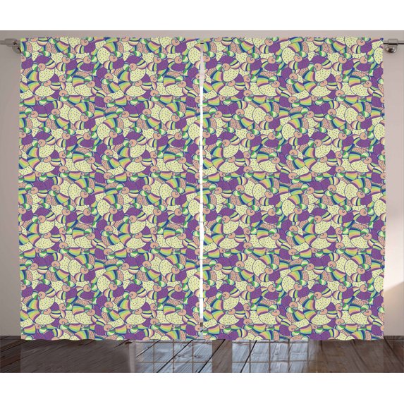 Abstract Curtains 2 Panels Set, Jumbling Circumvolved Abstract Shapes Ornamented with Dots and Colorful Stripes, Window Drapes for Living Room Bedroom, 108W X 108L Inches, Multicolor, by Ambesonne