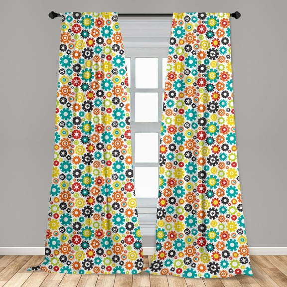 Abstract Curtains 2 Panels Set, Mechanical Engineering Themed Continuous Pattern with Colorful Doodle Gears, Window Drapes for Living Room Bedroom, 56"W X 84"L, Multicolor, by Ambesonne