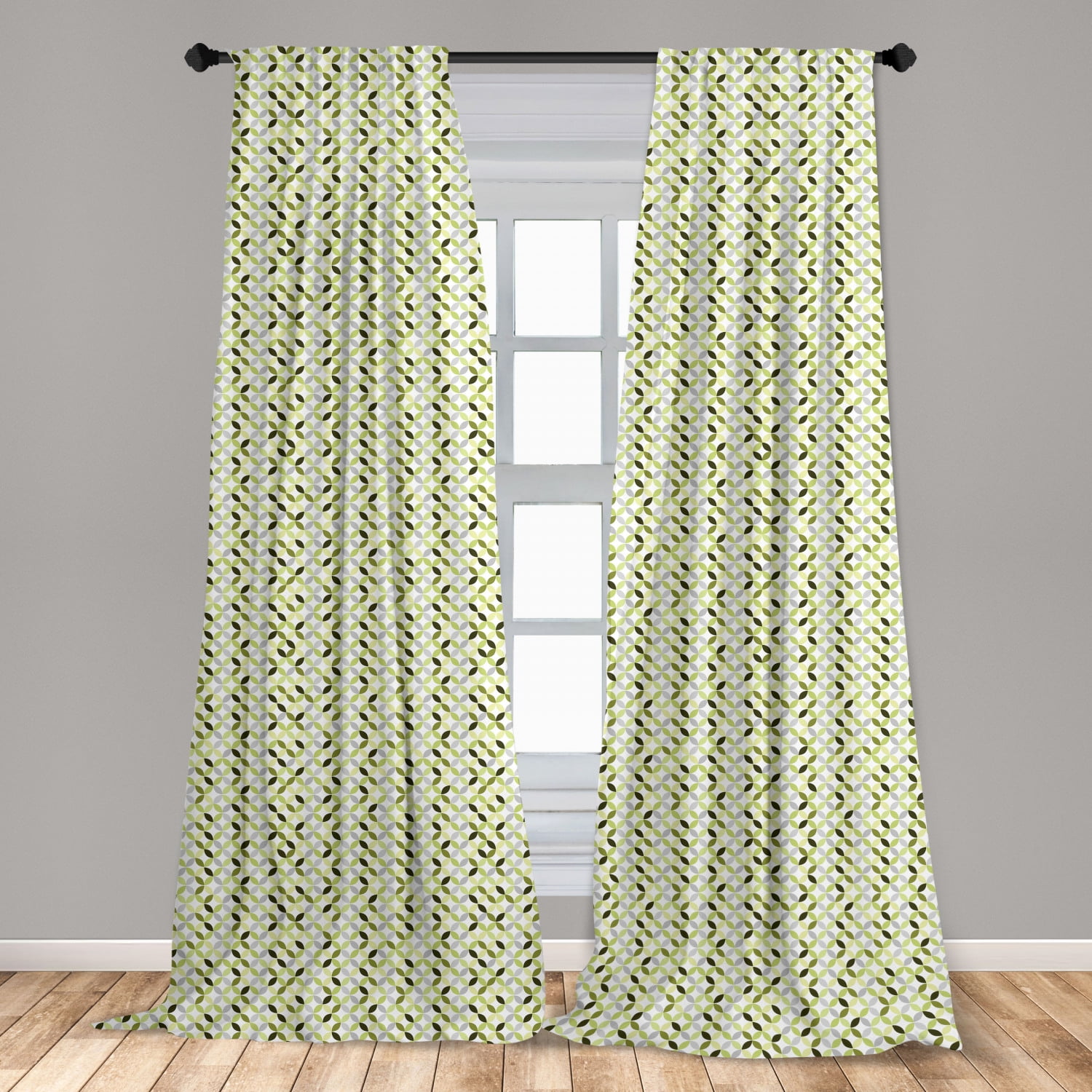Abstract Curtains 2 Panels Set, Overlapping Circles in Green and Grey