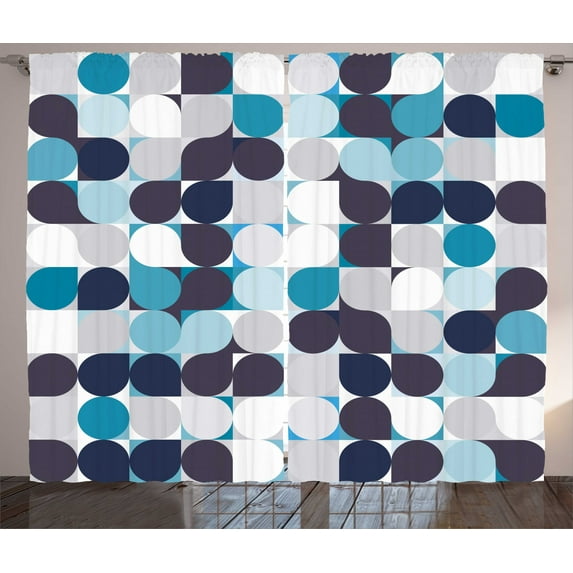 Ambesonne Abstract Curtains 2 Panel Set, Retro Circles Squares, 108" x 84", Brown Grey Teal White
