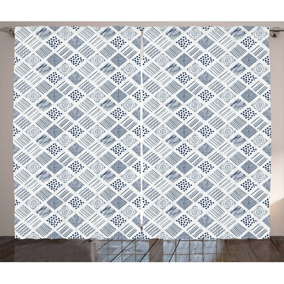 Ambesonne Indigo Curtains 2 Panel Set, Square Shaped Lines Dots, 108" x 108", Indigo