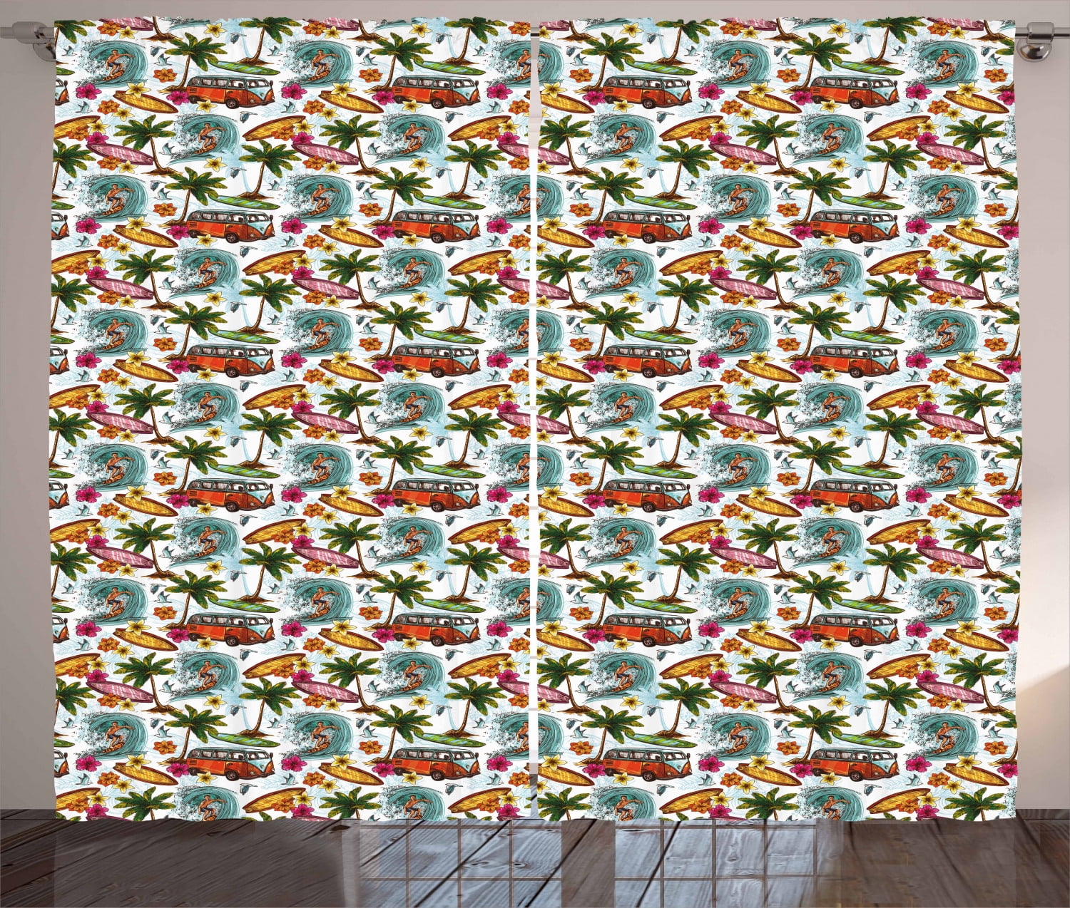 Abstract Curtains 2 Panels Set, Surf Themed Vibrant Image Vintage Van ...