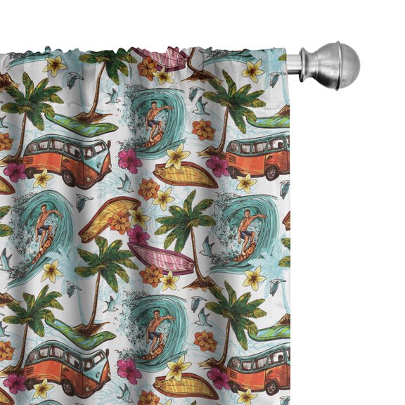 Abstract Curtains 2 Panels Set, Surf Themed Vibrant Image Vintage Van and Flower Arrangement Seagulls Action Hobby, Window Drapes for Living Room Bedroom, 56"W X 63"L, Multicolor, by Ambesonne