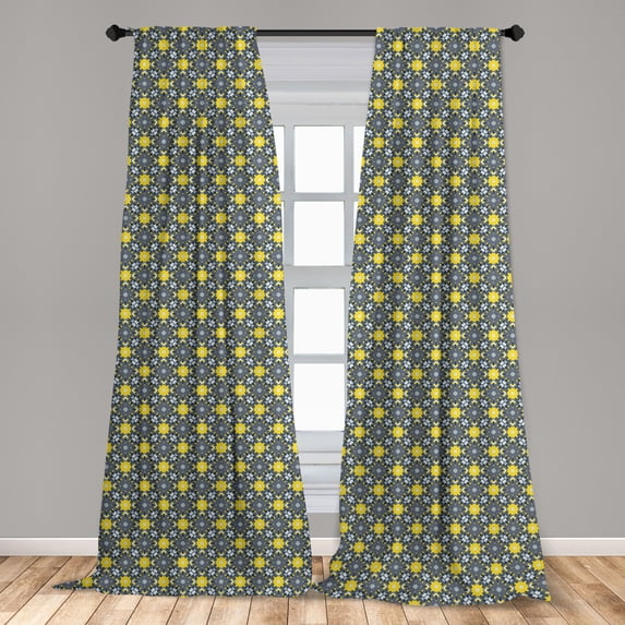 Abstract Curtains 2 Panels Set, Surreal Structure of Geometric Pointy Shapes Graphical, Window Drapes for Living Room Bedroom, 56"W X 84"L, Mustard Dimgray, by Ambesonne