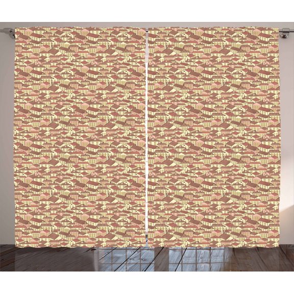 Ambesonne Abstract Curtains 2 Panel Set, Town Houses City Life, 108" x 108", Cream Coral Chocolate