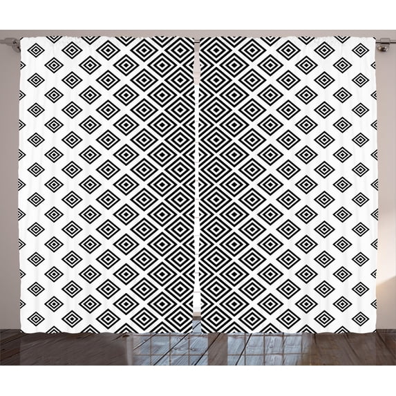 Ambesonne Abstract Curtains 2 Panel Set, Square Shape Geometric, 108" x 84", Black White