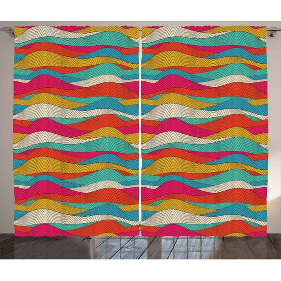 Ambesonne Abstract Curtains 2 Panel Set, Retro Colorful Wave Design, 108" x 90", Multicolor