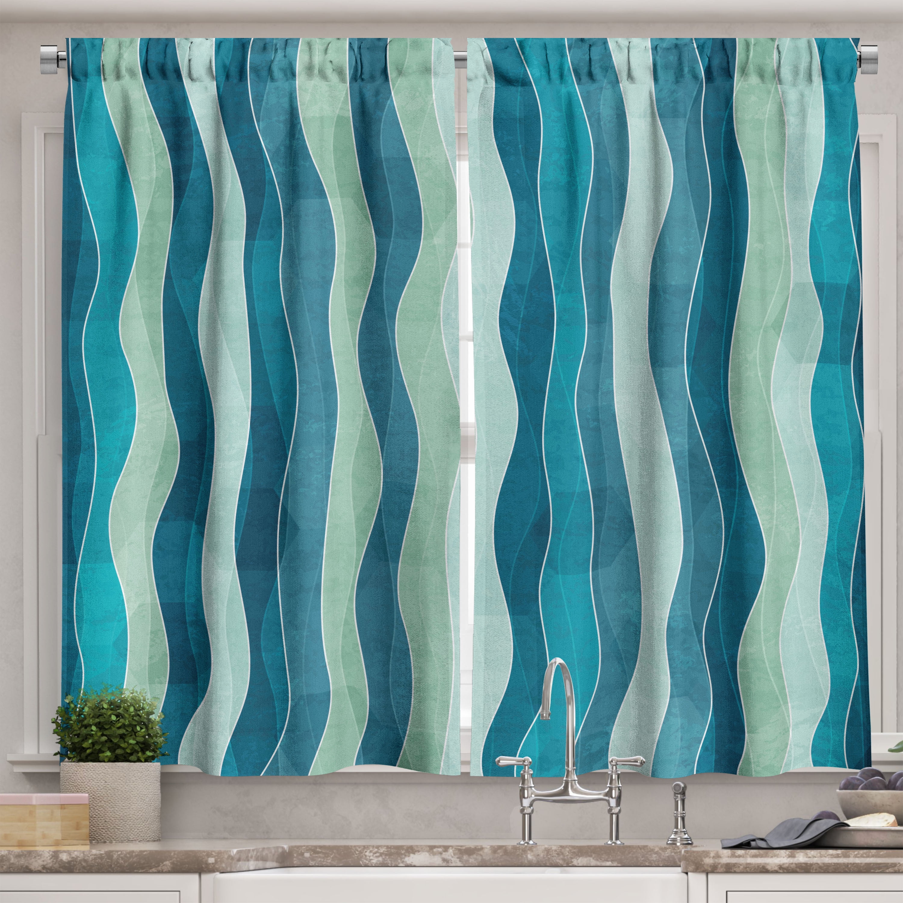 Abstract Curtains 2 Panels Set, Wave Pattern with Grunge Effect