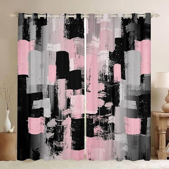 Abstract Curtains For Bedroom Living Room, Vintage Rust Darkening Drapes Modern Art Blackout Curtains Teal Pink And Black Window Treatments 26"W x 45"L (Pack of 2)