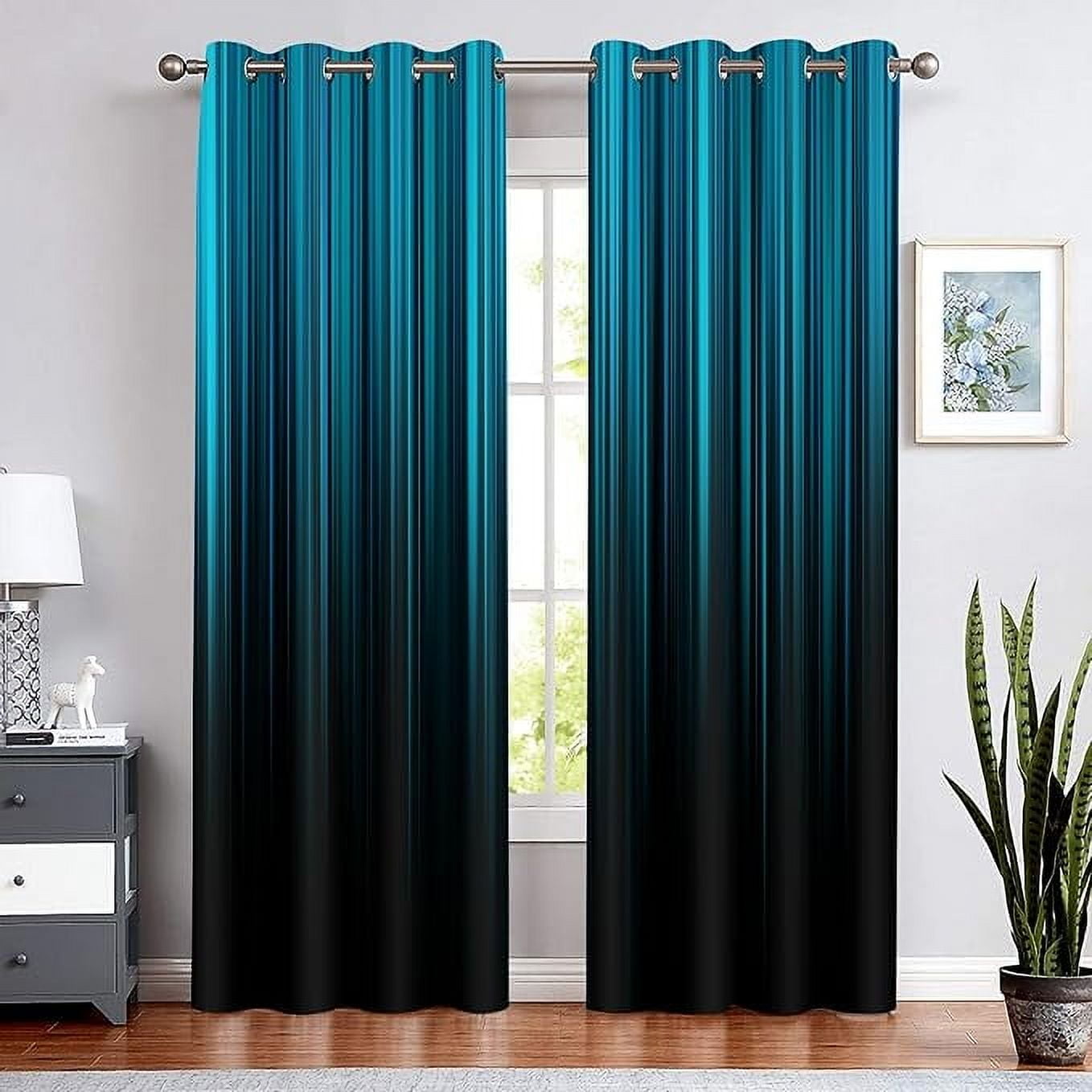 Abstract Curtains For Bedroom, Ombre Window Curtain Teal And Black ...