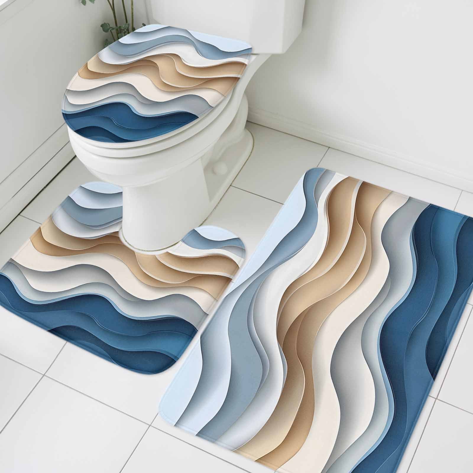 Abstract Curve Bathroom Rugs Set Wave Line Blue Gradient Modernism Non ...