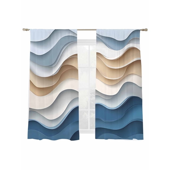Abstract Curve Sheer Curtains for Living Room Bedroom, Light-filtering Sheer Curtain, Wave Line Blue Gradient Modernism Rod Pocket Voile Window Treatment Drapes, 52’’Wx63’’L, 2 Panels Set