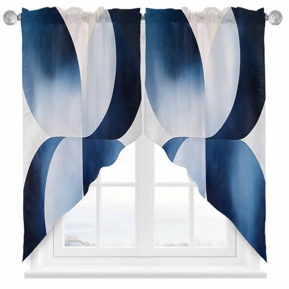 Abstract Curve Swag Curtain Valance for Windows, White Blue Gradient Stitching Window Treatments Short Swag Topper for Kitchen Windows Bathroom Bedroom, 28"x36"