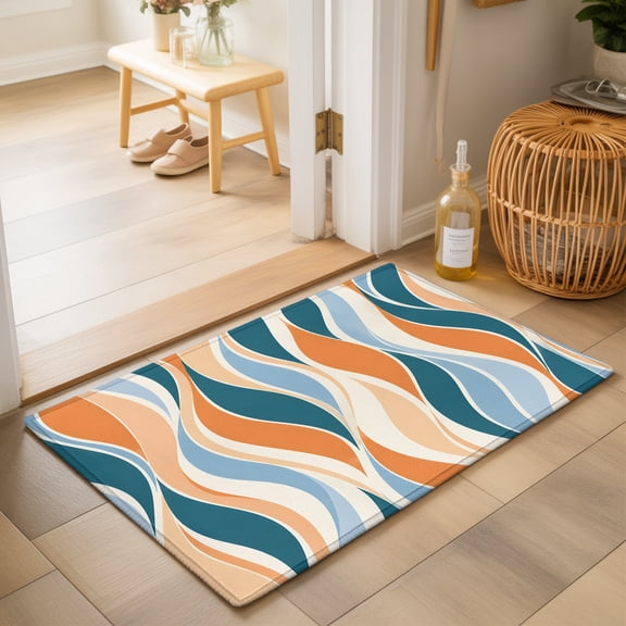 Abstract Curves 2'x3' Small Rugs for Entryway Front Door Kitchen Sink Area, Retro Teal Orange Fluid Ribbons Wavy Lines Stripes Soft Sturdy Mats Washable Non Slip Rectangle Area Rug