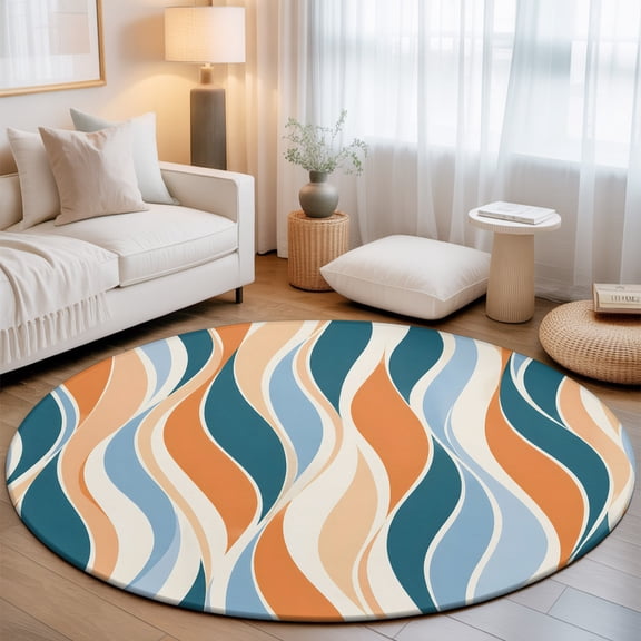 Abstract Curves 8' Round Rugs for Open Concept Living Room Seating Zone, Retro Teal Orange Fluid Ribbons Wavy Lines Stripes Washable Non Slip Mats Large Circle Lounge Area Area Rug