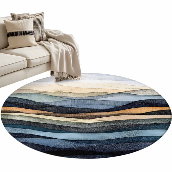 Abstract Curves Round Area&nbsp;Rug 3ft Colorful Lines Impressionist Style Non-Slip&nbsp;Washable Circle Rugs Soft Felt Indoor Floor Mat for Bedroom Kitchen Living Room Bathroom