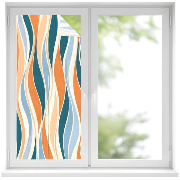 Abstract Curves Window Privacy Film, Retro Teal Orange Fluid Ribbons Wavy Lines Stripes Frosted Glass Window Clings Static Cling UV Heat Blocking Reusable Door Sticker for Bathroom 17.7 x 39.3 Inch