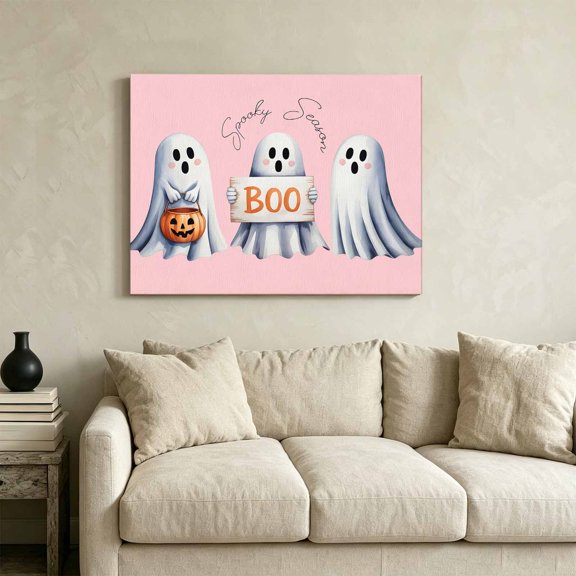 Abstract Cute Halloween Ghost Framed Canvas Wall Art Print in USA,Canvas Pictures Painting Prints Pink Boo Spooky Season Wall Artwork for Home Office Living Room Bedroom Decor,36"x24"