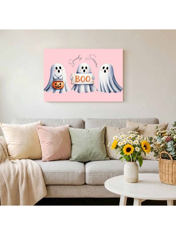 Abstract Cute Halloween Ghost Framed Canvas Wall Art Print in USA,Canvas Pictures Painting Prints Pink Boo Spooky Season Wall Artwork for Home Office Living Room Bedroom Decor,10"x8"