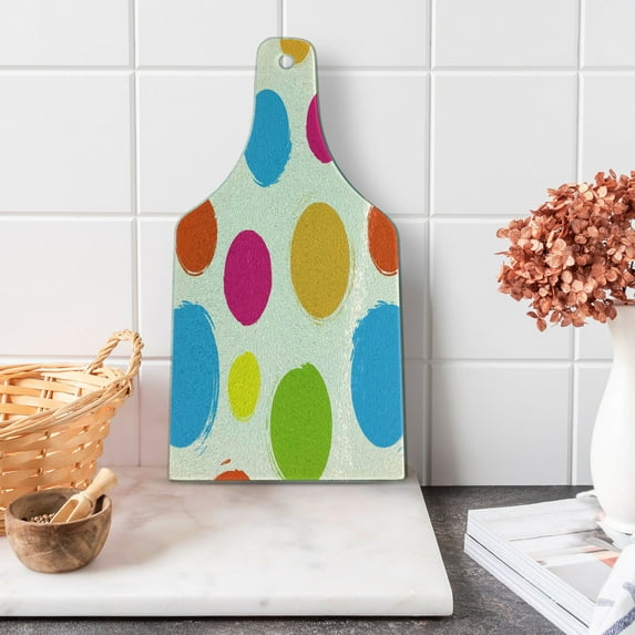 Abstract Cutting Board, Colorful Dots Circular Disc Shaped Round Forms Graphic Print, Decorative Tempered Glass Cutting and Serving Board, Wine Bottle Shape, Multicolor, by Ambesonne