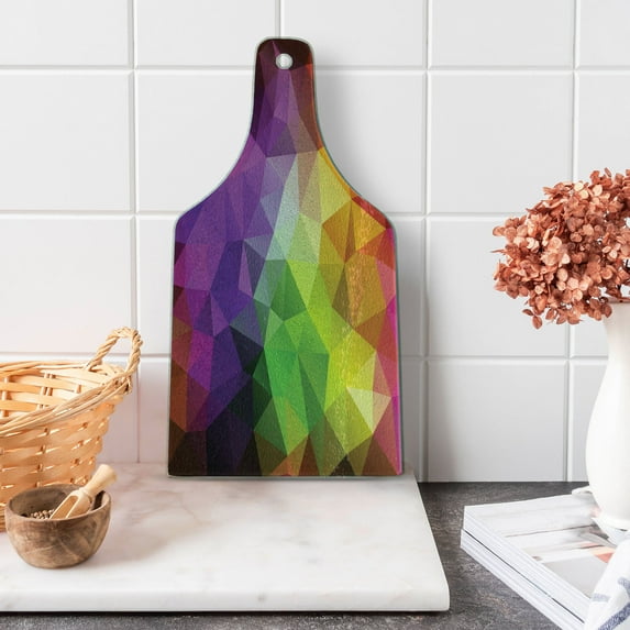 Abstract Cutting Board, Colorful Geometric Shapes Triangular Polygons Creative Surreal Print, Decorative Tempered Glass Cutting and Serving Board, Wine Bottle Shape, Multicolor, by Ambesonne